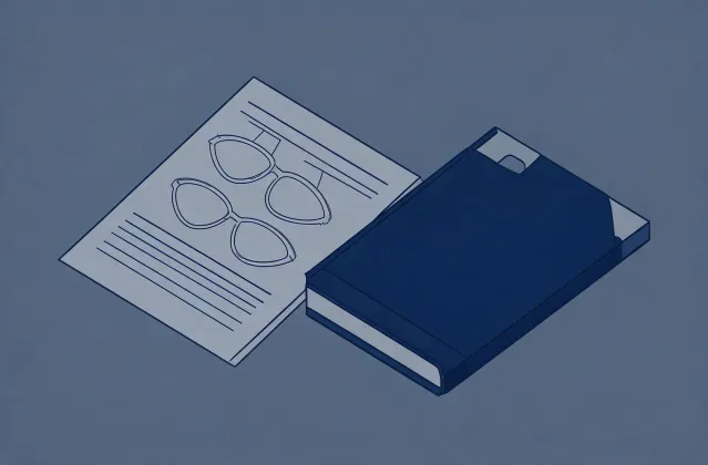 Illustration of a sunglass lenses specification brief handing off to a quotation folder