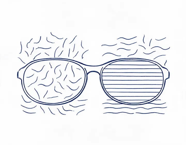 Side-by-side sketch comparing polarized and non-polarized sunglass lens stacks